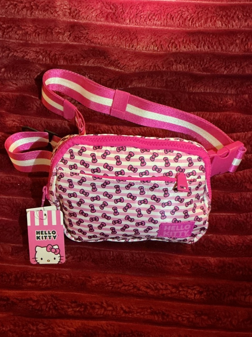 Hello Kitty Pink White Striped Bow Print Kids Belt Bag